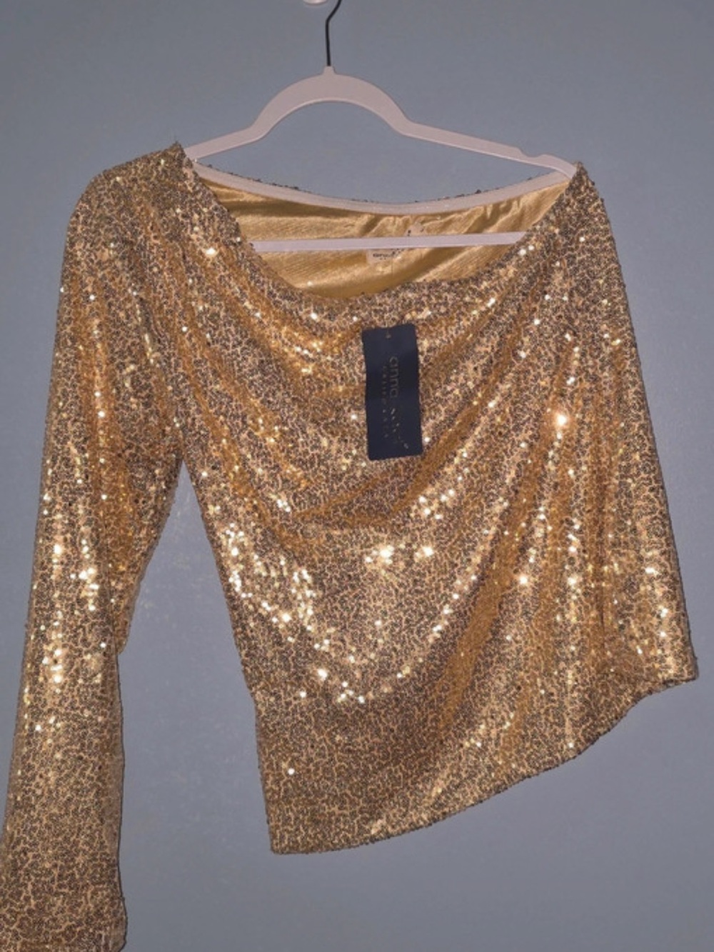 Gold Sequin Draped One-Shoulder Long Sleeve Top